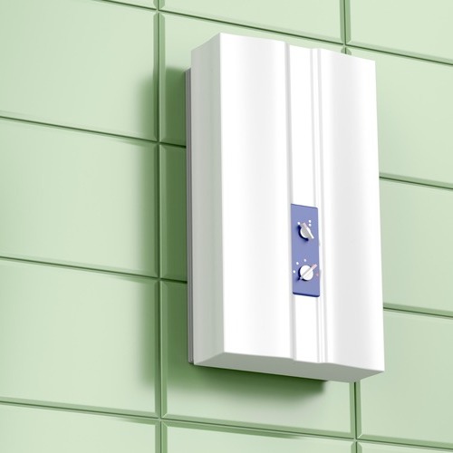 tankless water heater on a bathroom wall